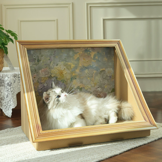 PawsCube Retro Oil Painting Cat Cave & Scratcher – Eco Corrugated Cardboard, Silent Clawing for Cats